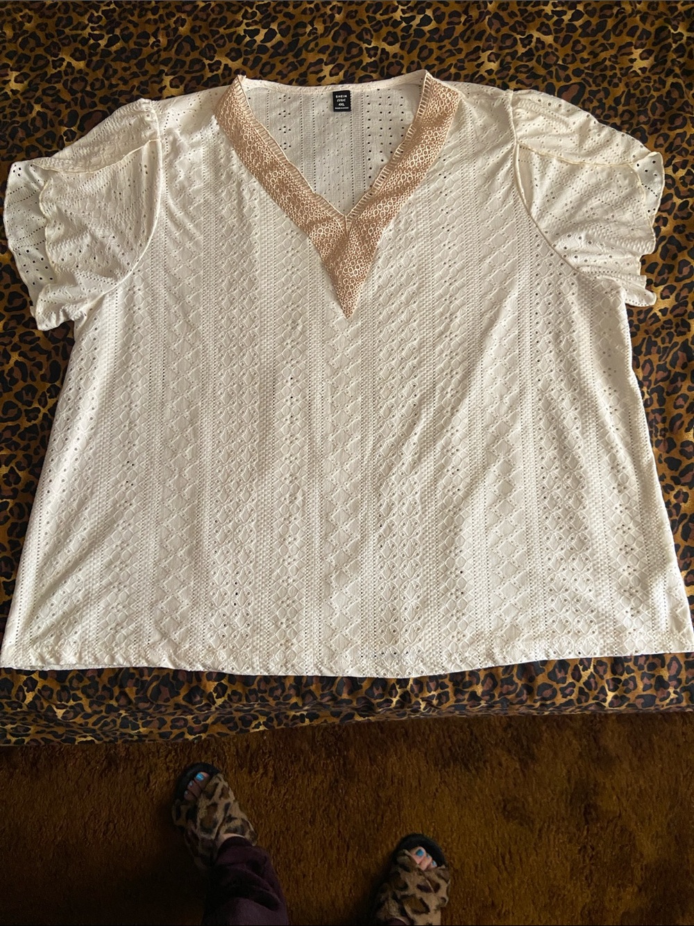 SHEIN Curve Cream Eyelet V-Neck Top with Tan Lace Trim